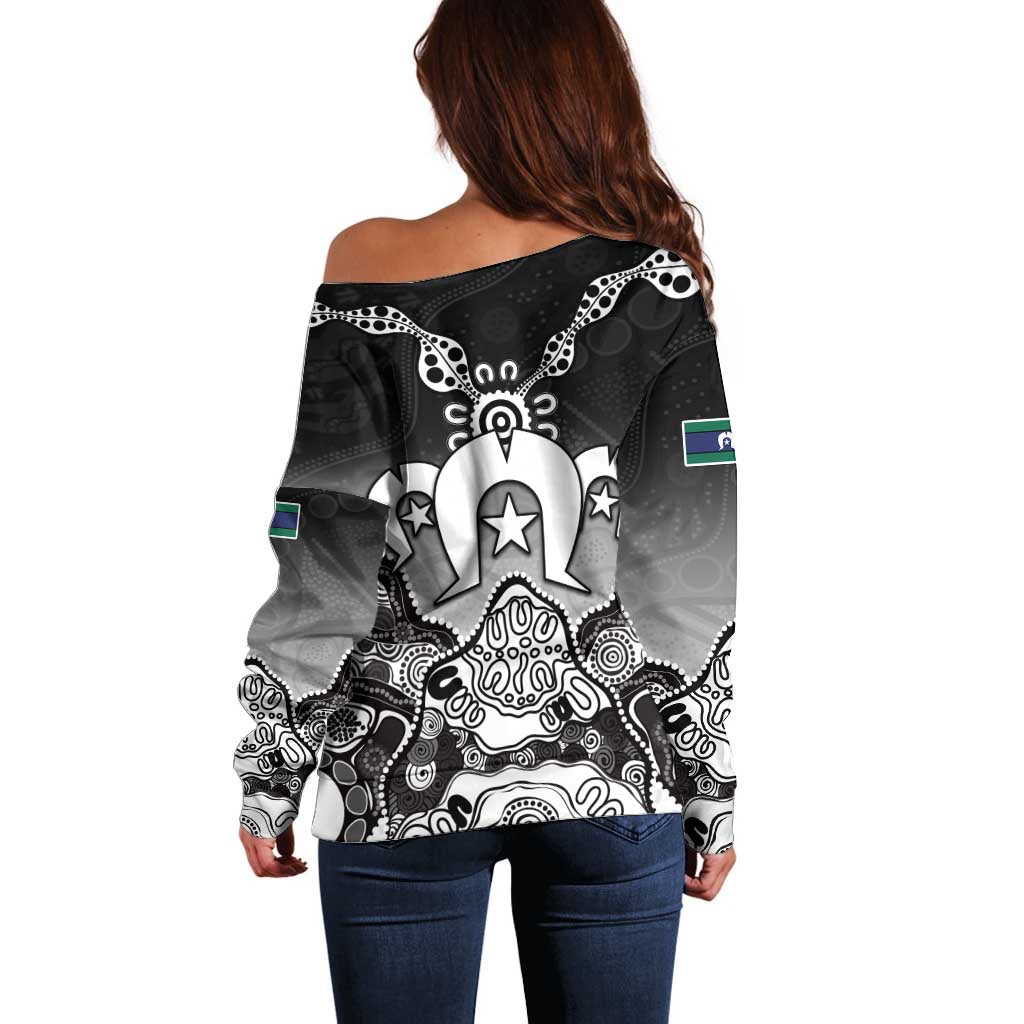 Torres Strait Islander Flag Off Shoulder Sweater Dhari Indigenous Dotwork Pattern Art