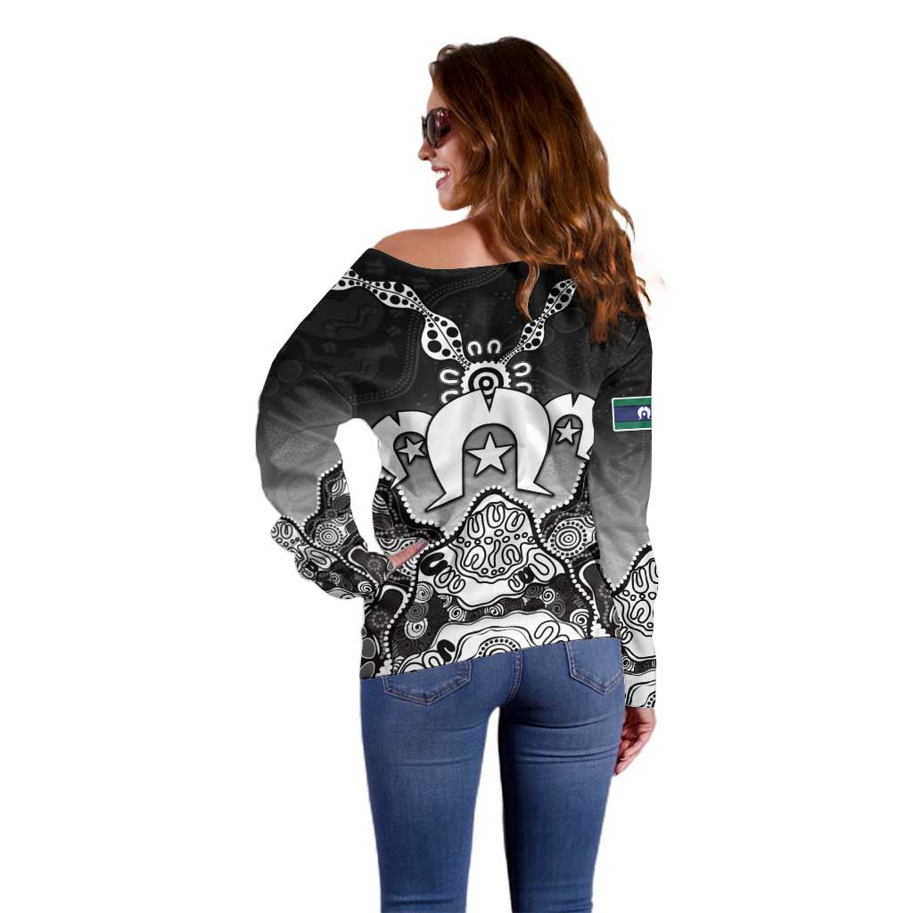 Torres Strait Islander Flag Off Shoulder Sweater Dhari Indigenous Dotwork Pattern Art