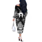 Torres Strait Islander Flag Off The Shoulder Long Sleeve Dress Dhari Indigenous Dotwork Pattern Art