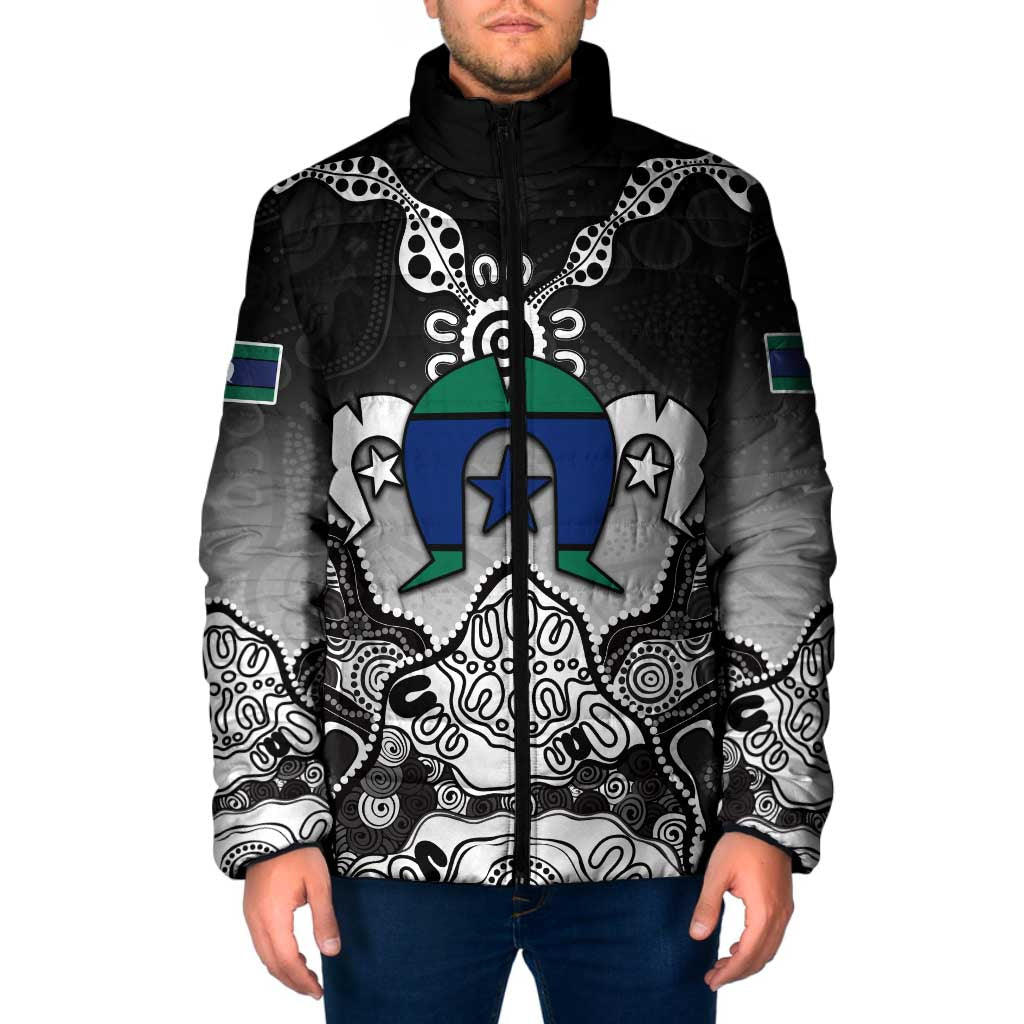 Torres Strait Islander Flag Padded Jacket Dhari Indigenous Dotwork Pattern Art
