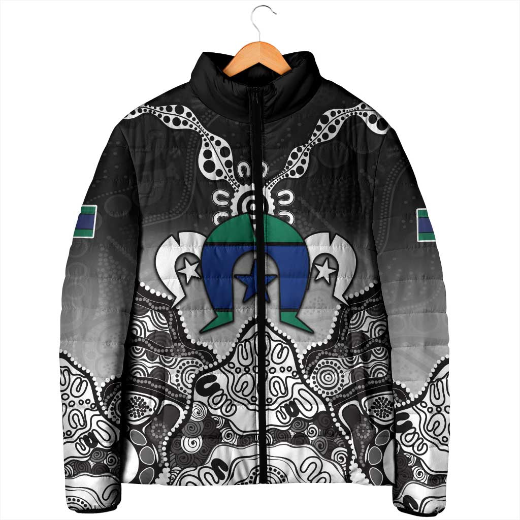 Torres Strait Islander Flag Padded Jacket Dhari Indigenous Dotwork Pattern Art