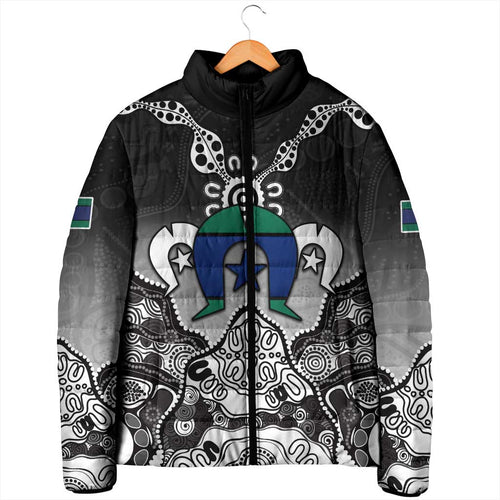 Torres Strait Islander Flag Padded Jacket Dhari Indigenous Dotwork Pattern Art