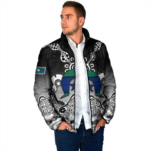 Torres Strait Islander Flag Padded Jacket Dhari Indigenous Dotwork Pattern Art
