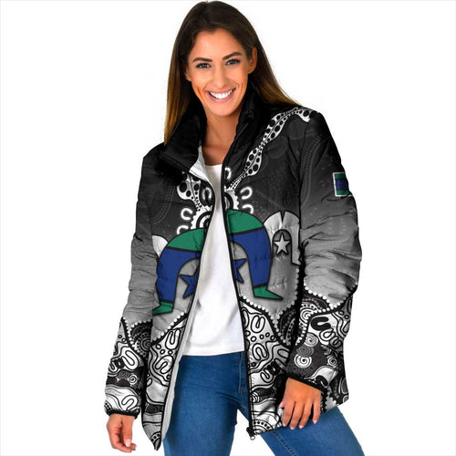 Torres Strait Islander Flag Padded Jacket Dhari Indigenous Dotwork Pattern Art