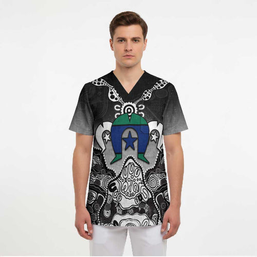 Torres Strait Islander Flag Scrub Top Dhari Indigenous Dotwork Pattern Art