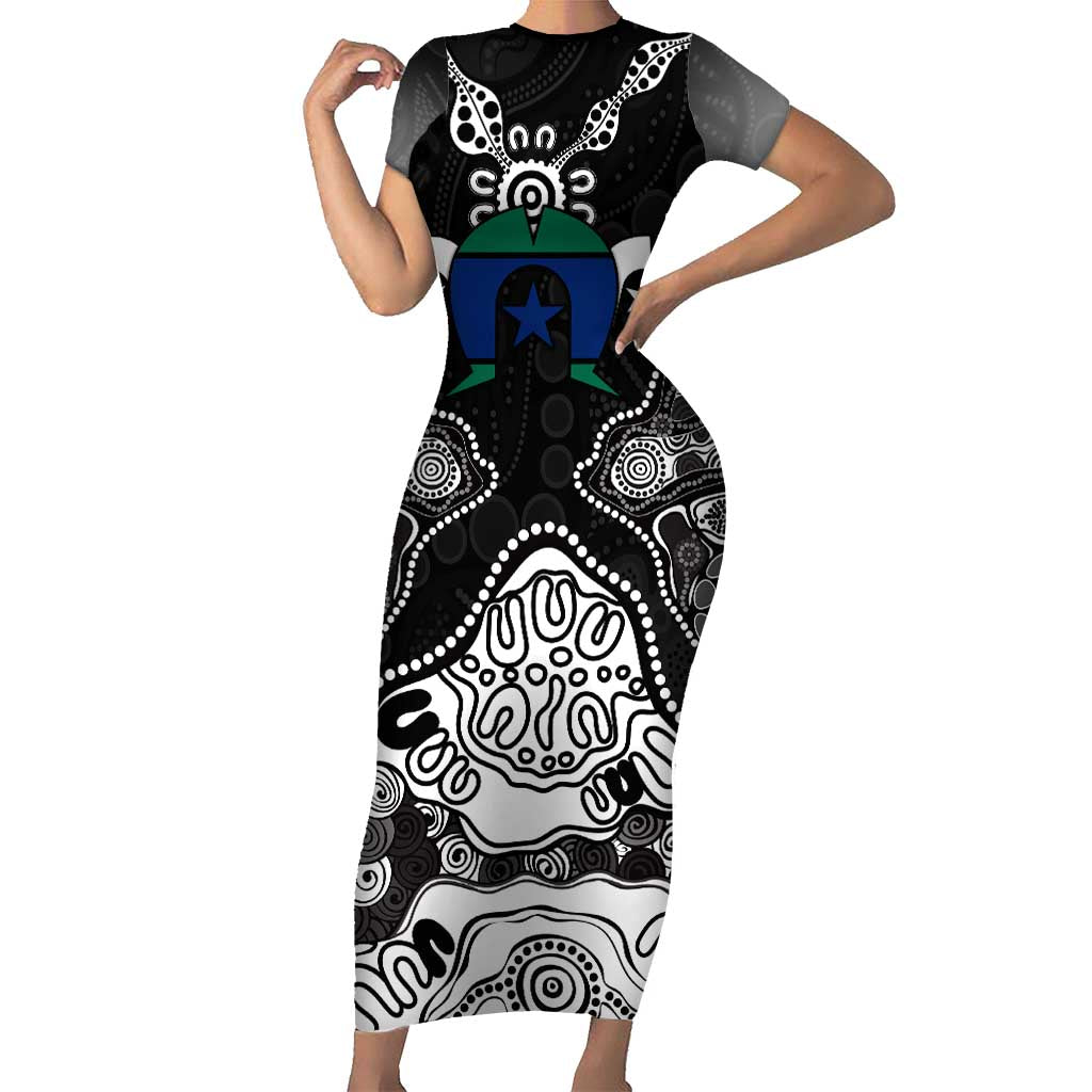 Torres Strait Islander Flag Short Sleeve Bodycon Dress Dhari Indigenous Dotwork Pattern Art