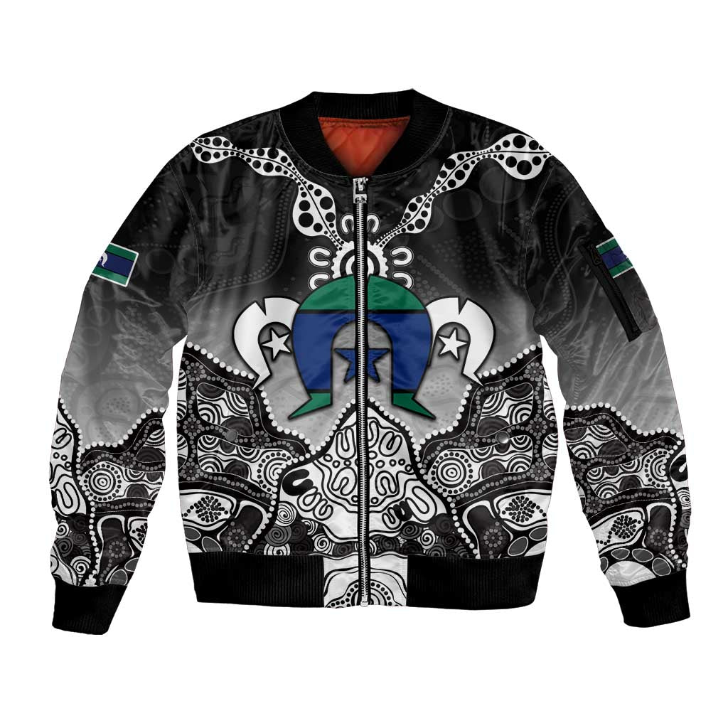 Torres Strait Islander Flag Sleeve Zip Bomber Jacket Dhari Indigenous Dotwork Pattern Art
