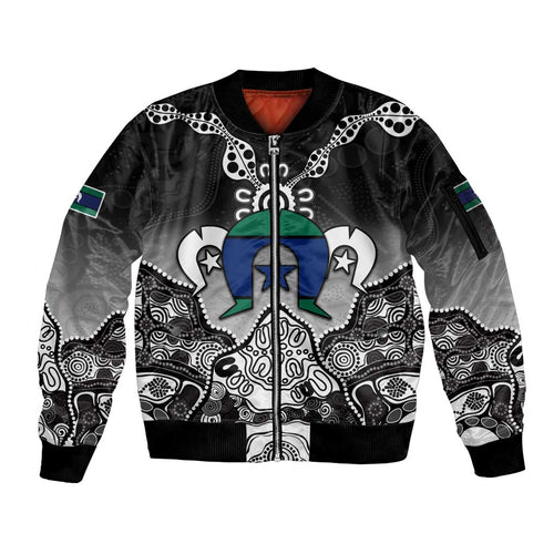 Torres Strait Islander Flag Sleeve Zip Bomber Jacket Dhari Indigenous Dotwork Pattern Art