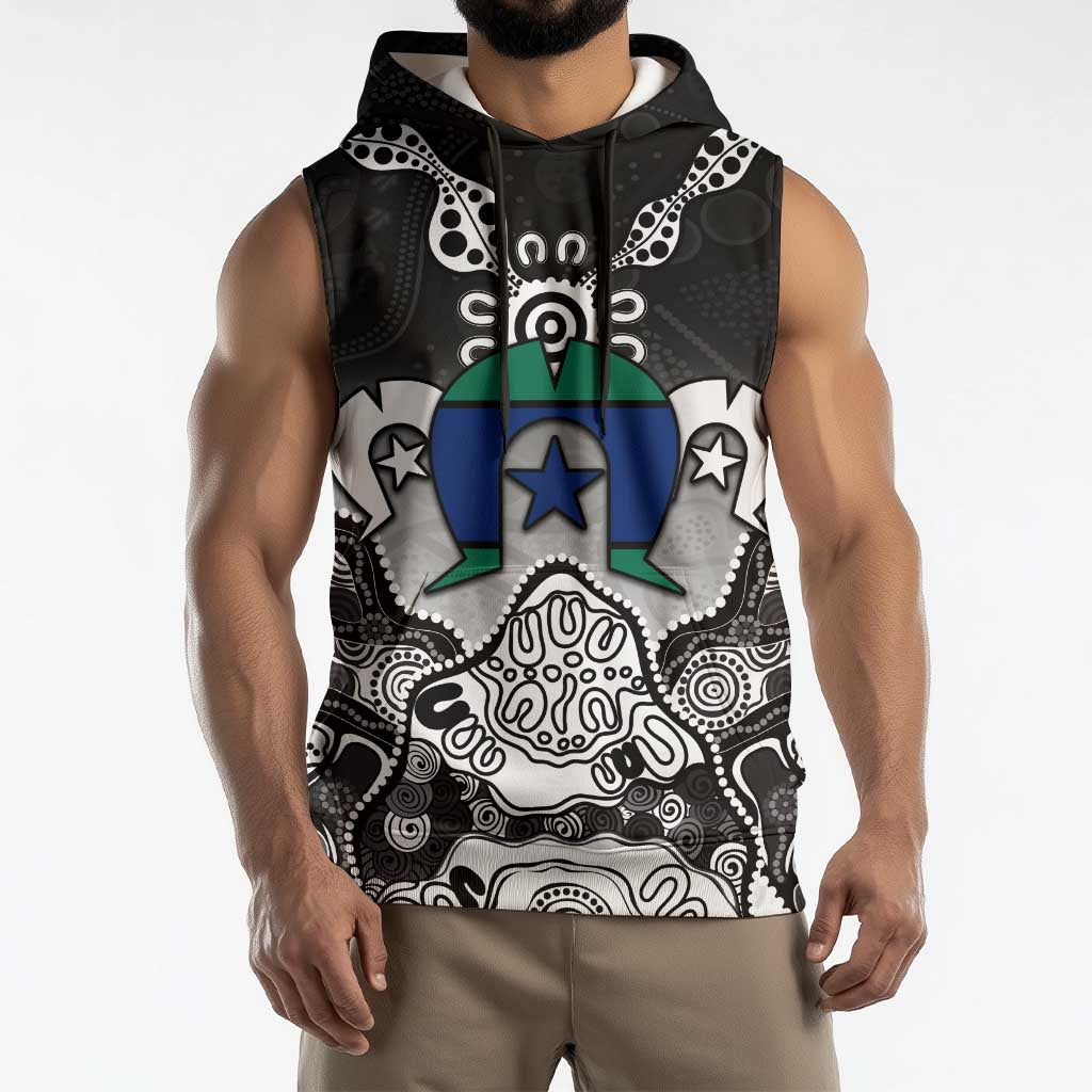 Torres Strait Islander Flag Sleeveless Hoodie Dhari Indigenous Dotwork Pattern Art