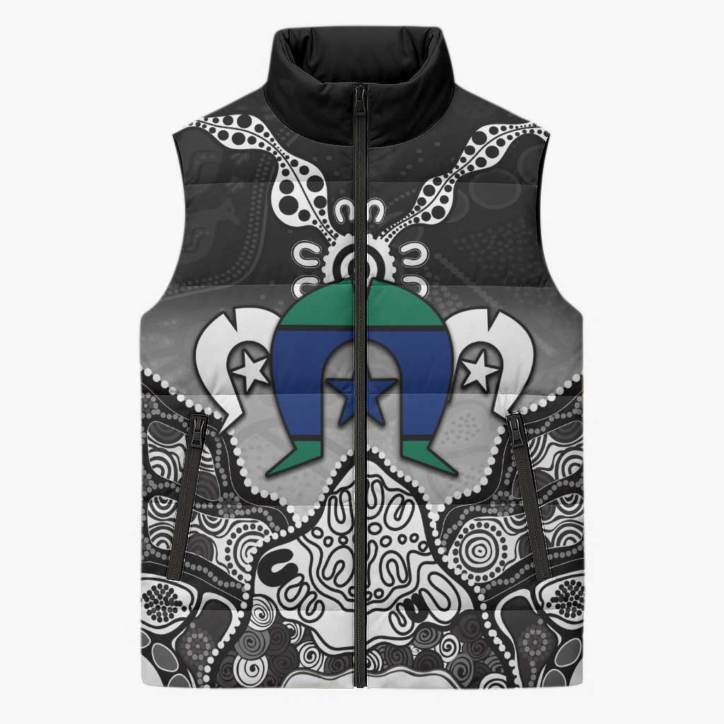 Torres Strait Islander Flag Sleeveless Puffer Jacket Dhari Indigenous Dotwork Pattern Art