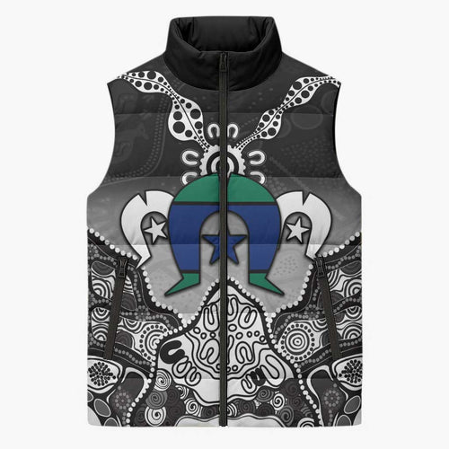 Torres Strait Islander Flag Sleeveless Puffer Jacket Dhari Indigenous Dotwork Pattern Art