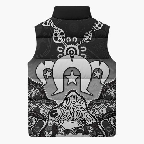 Torres Strait Islander Flag Sleeveless Puffer Jacket Dhari Indigenous Dotwork Pattern Art