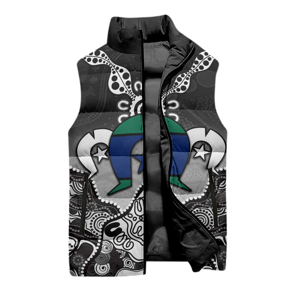 Torres Strait Islander Flag Sleeveless Puffer Jacket Dhari Indigenous Dotwork Pattern Art