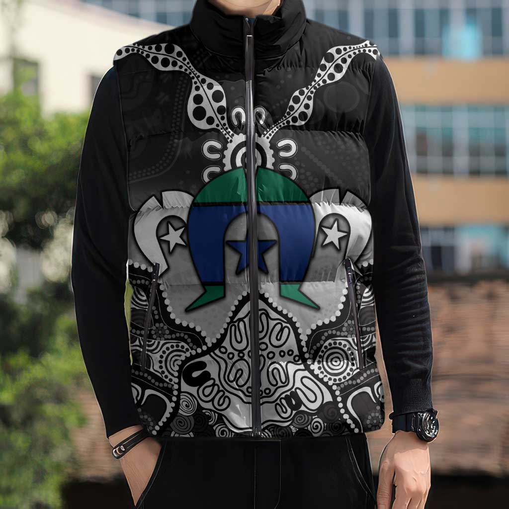 Torres Strait Islander Flag Sleeveless Puffer Jacket Dhari Indigenous Dotwork Pattern Art