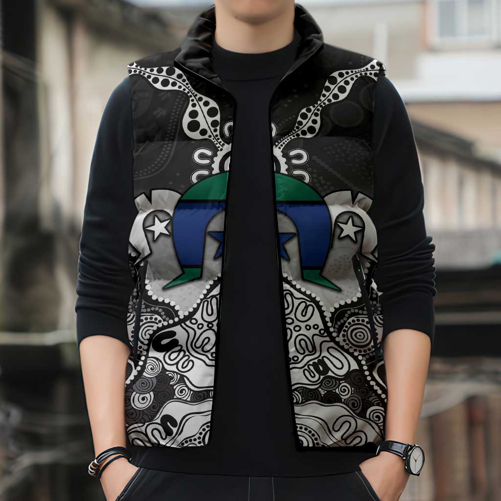 Torres Strait Islander Flag Sleeveless Puffer Jacket Dhari Indigenous Dotwork Pattern Art