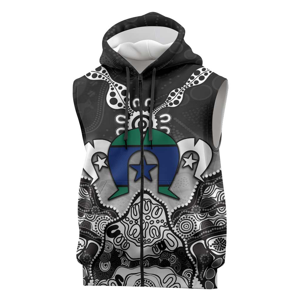 Torres Strait Islander Flag Sleeveless Zip Hoodie Dhari Indigenous Dotwork Pattern Art