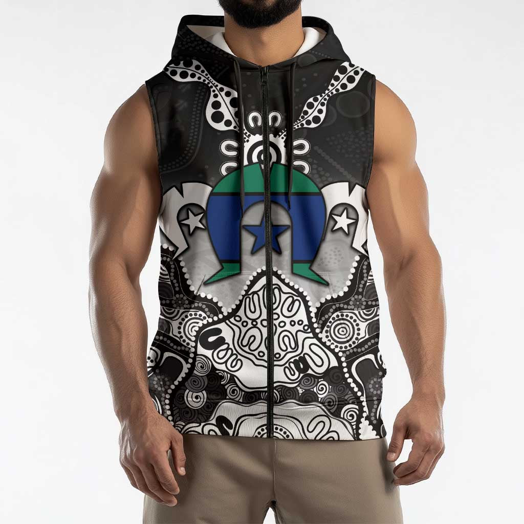 Torres Strait Islander Flag Sleeveless Zip Hoodie Dhari Indigenous Dotwork Pattern Art