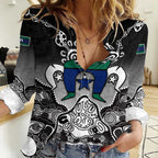 Torres Strait Islander Flag Women Casual Shirt Dhari Indigenous Dotwork Pattern Art