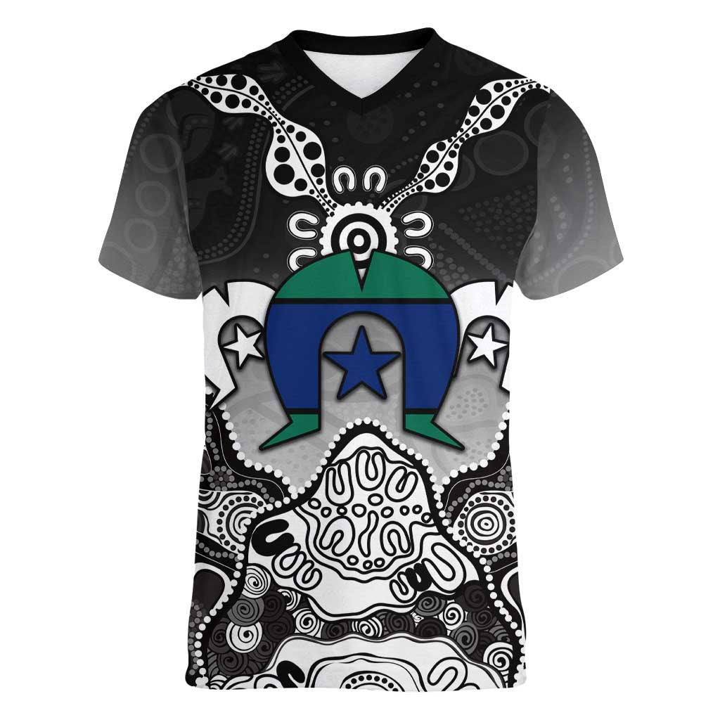Torres Strait Islander Flag Women V-Neck T-Shirt Dhari Indigenous Dotwork Pattern Art