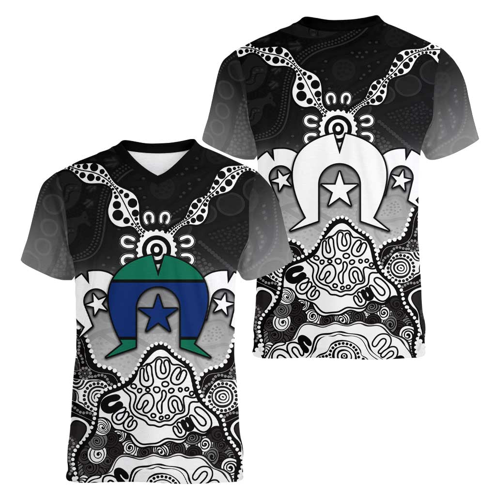 Torres Strait Islander Flag Women V-Neck T-Shirt Dhari Indigenous Dotwork Pattern Art