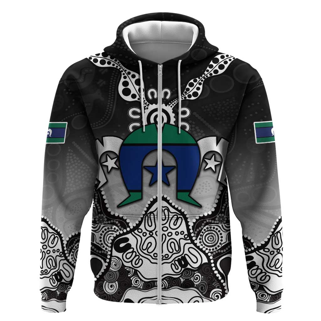 Torres Strait Islander Flag Zip Hoodie Dhari Indigenous Dotwork Pattern Art