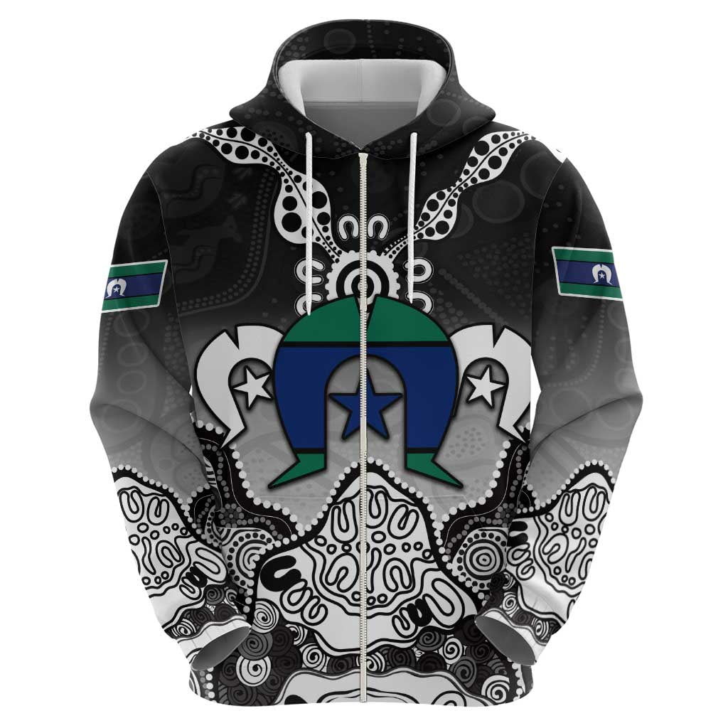 Torres Strait Islander Flag Zip Hoodie Dhari Indigenous Dotwork Pattern Art