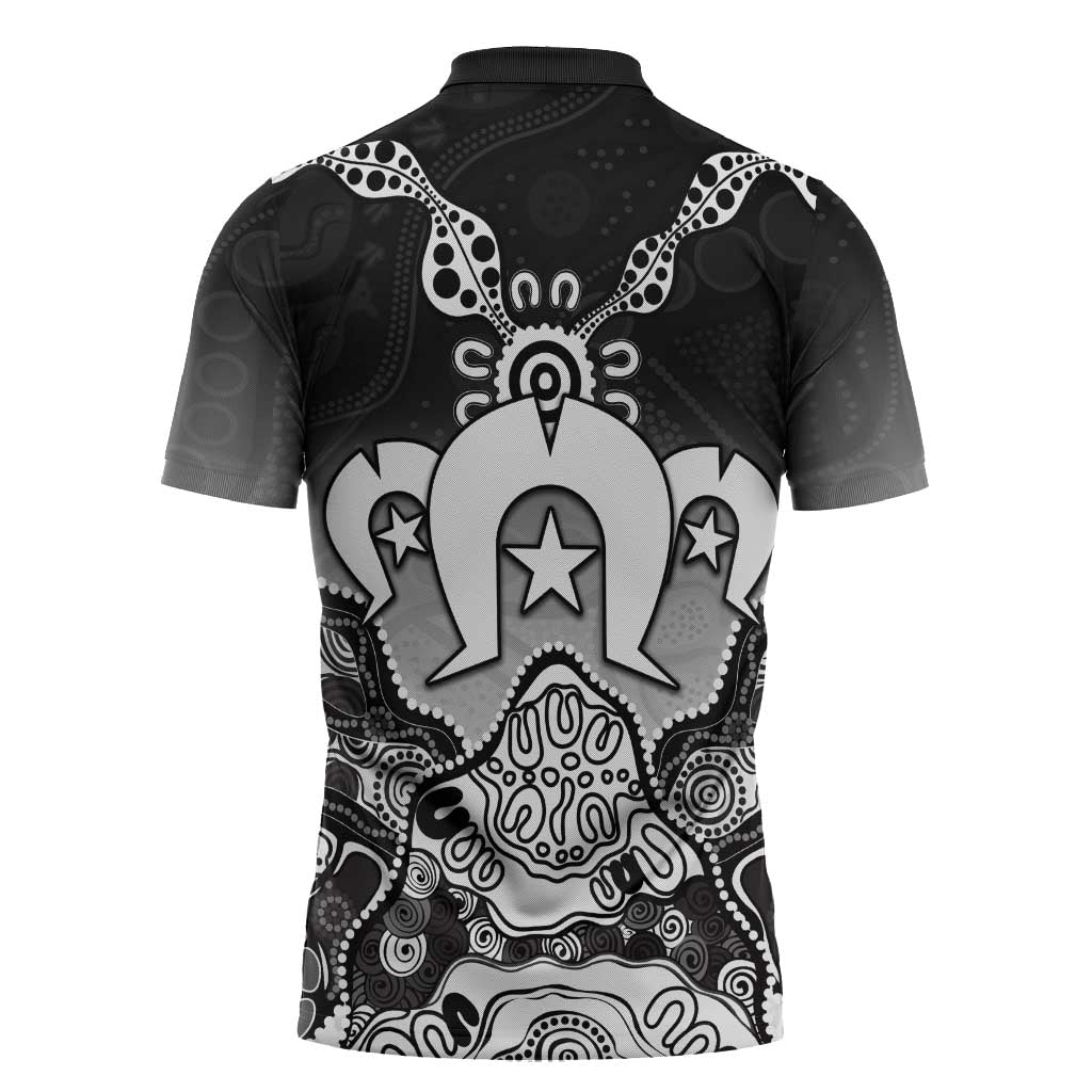 Torres Strait Islander Flag Zipper Polo Shirt Dhari Indigenous Dotwork Pattern Art