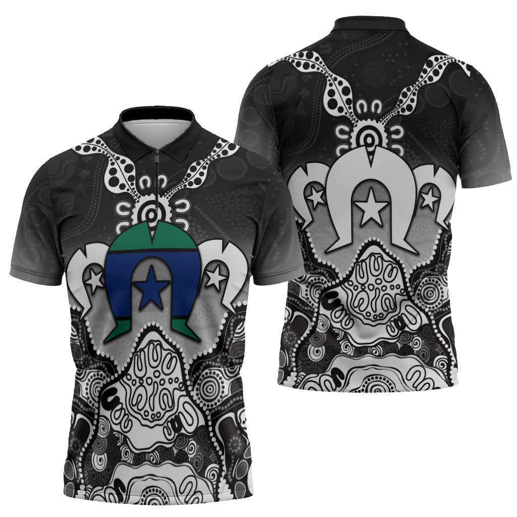 Torres Strait Islander Flag Zipper Polo Shirt Dhari Indigenous Dotwork Pattern Art
