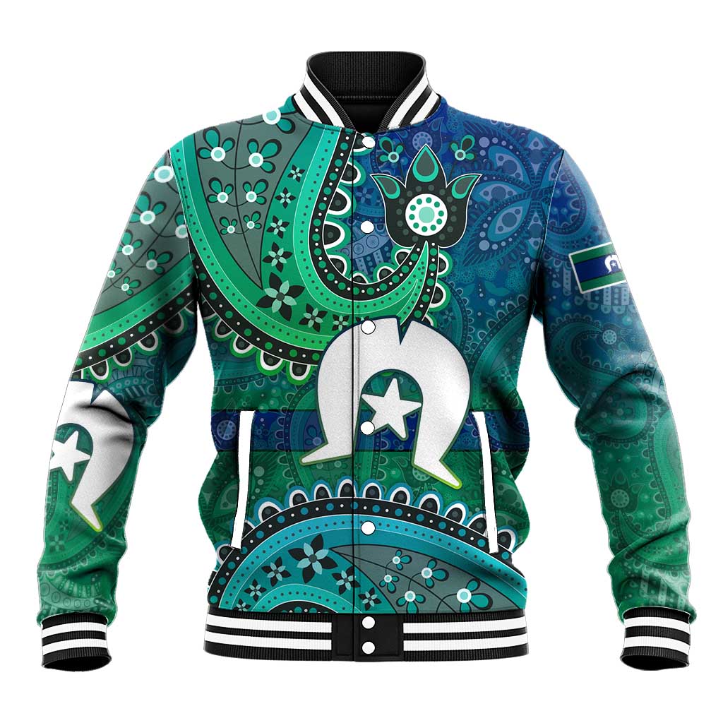 Torres Strait Islands Baseball Jacket Dhari Emblem Vibrant Teal Indigenous