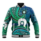 Torres Strait Islands Baseball Jacket Dhari Emblem Vibrant Teal Indigenous