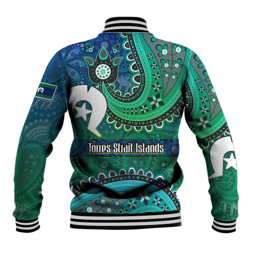 Torres Strait Islands Baseball Jacket Dhari Emblem Vibrant Teal Indigenous