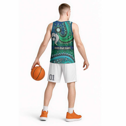 Torres Strait Islands Basketball Jersey Dhari Emblem Vibrant Teal Indigenous