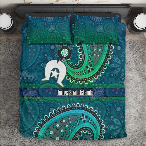 Torres Strait Islands Bedding Set Dhari Emblem Vibrant Teal Indigenous