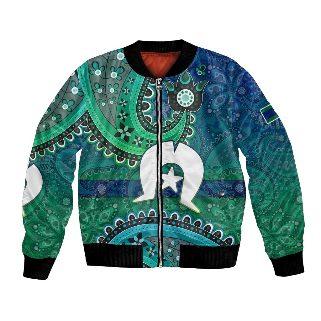 Torres Strait Islands Bomber Jacket Dhari Emblem Vibrant Teal Indigenous