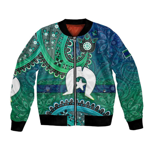 Torres Strait Islands Bomber Jacket Dhari Emblem Vibrant Teal Indigenous