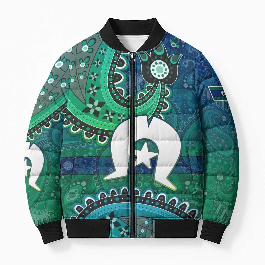 Torres Strait Islands Bomber Puffer Jacket Dhari Emblem Vibrant Teal Indigenous