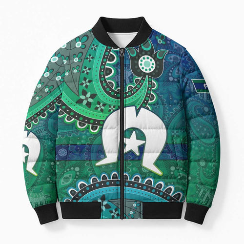 Torres Strait Islands Bomber Puffer Jacket Dhari Emblem Vibrant Teal Indigenous