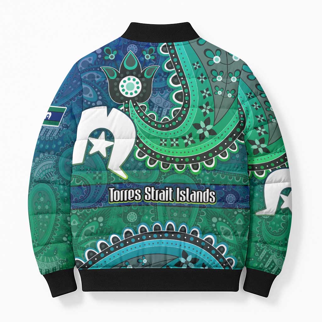 Torres Strait Islands Bomber Puffer Jacket Dhari Emblem Vibrant Teal Indigenous