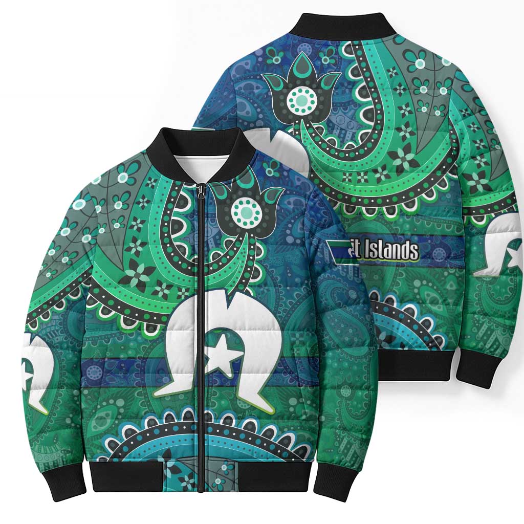 Torres Strait Islands Bomber Puffer Jacket Dhari Emblem Vibrant Teal Indigenous