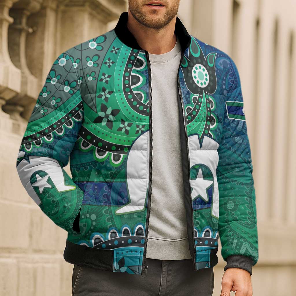 Torres Strait Islands Bomber Puffer Jacket Dhari Emblem Vibrant Teal Indigenous