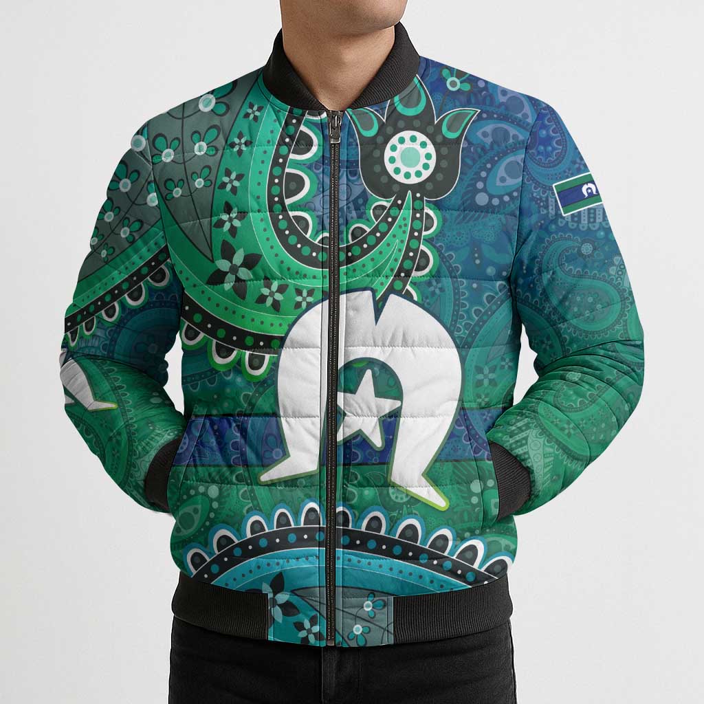 Torres Strait Islands Bomber Puffer Jacket Dhari Emblem Vibrant Teal Indigenous