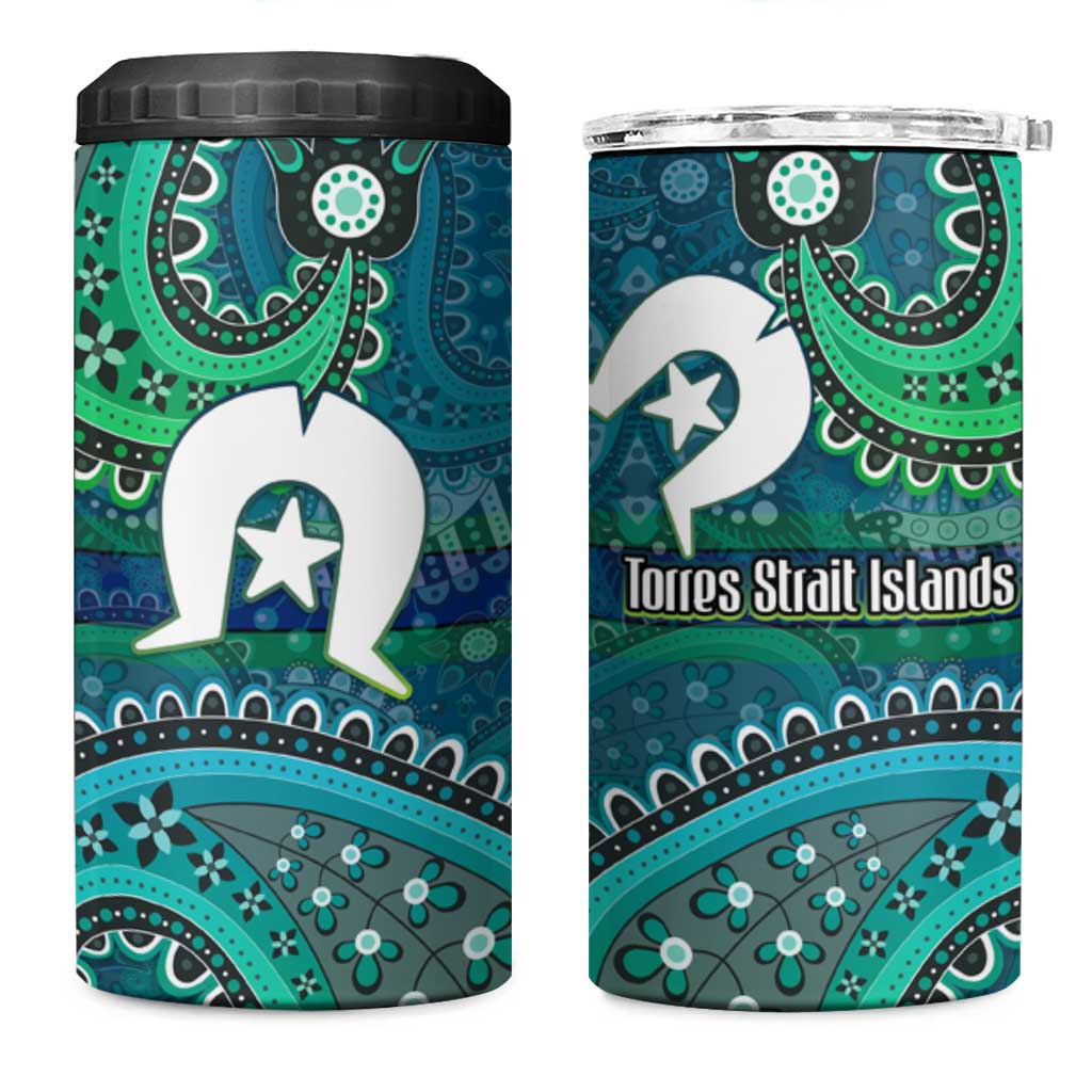 Torres Strait Islands 4 in 1 Can Cooler Tumbler Dhari Emblem Vibrant Teal Indigenous