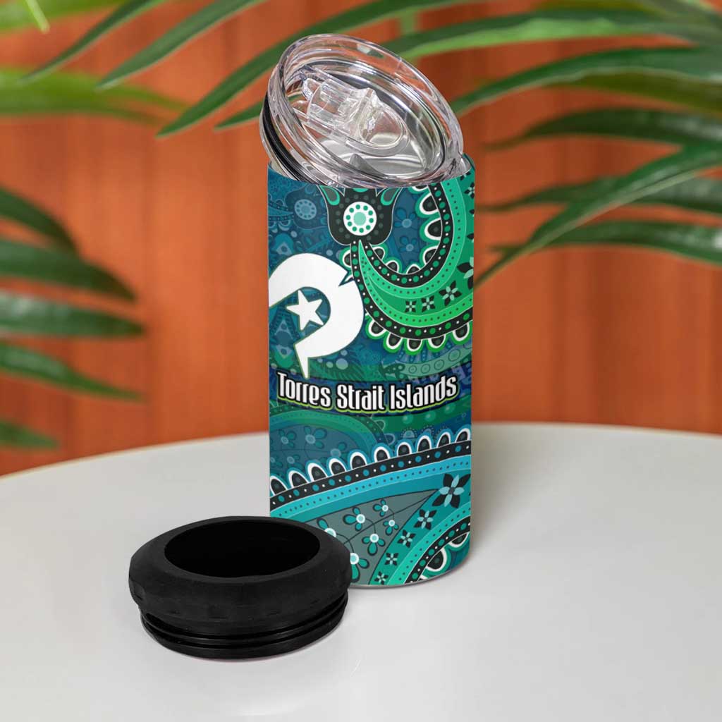 Torres Strait Islands 4 in 1 Can Cooler Tumbler Dhari Emblem Vibrant Teal Indigenous