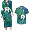 Torres Strait Islands Couples Matching Long Sleeve Bodycon Dress and Hawaiian Shirt Dhari Emblem Vibrant Teal Indigenous