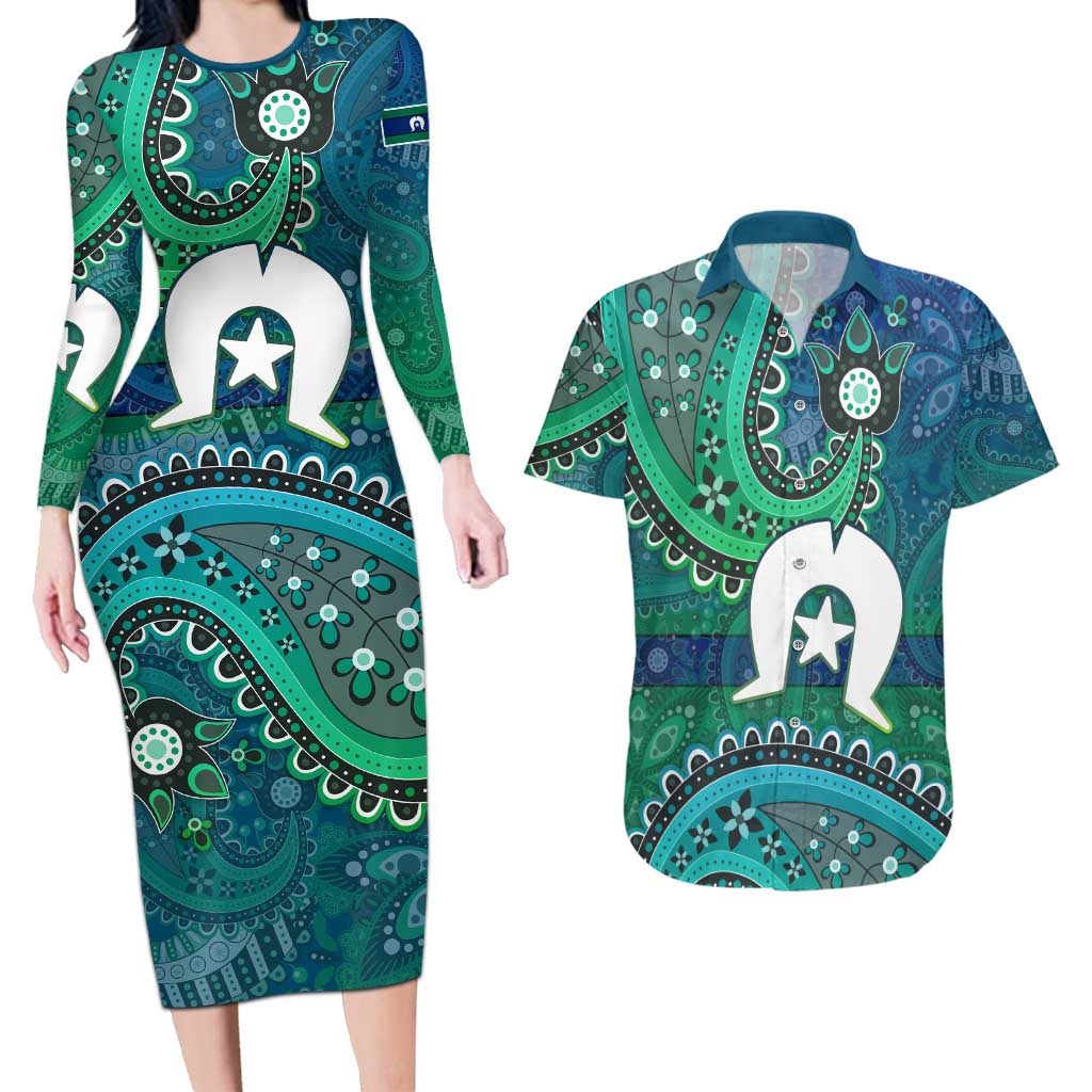 Torres Strait Islands Couples Matching Long Sleeve Bodycon Dress and Hawaiian Shirt Dhari Emblem Vibrant Teal Indigenous
