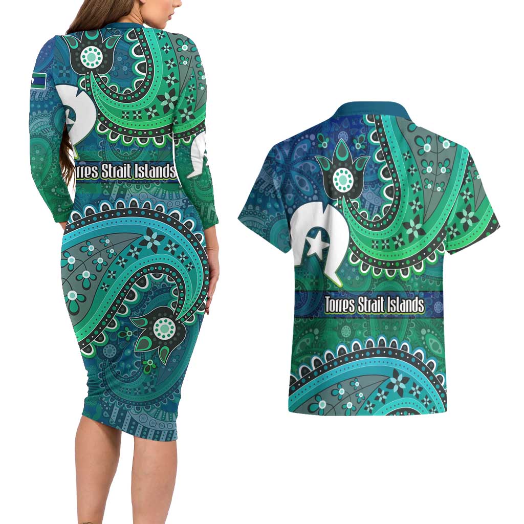 Torres Strait Islands Couples Matching Long Sleeve Bodycon Dress and Hawaiian Shirt Dhari Emblem Vibrant Teal Indigenous