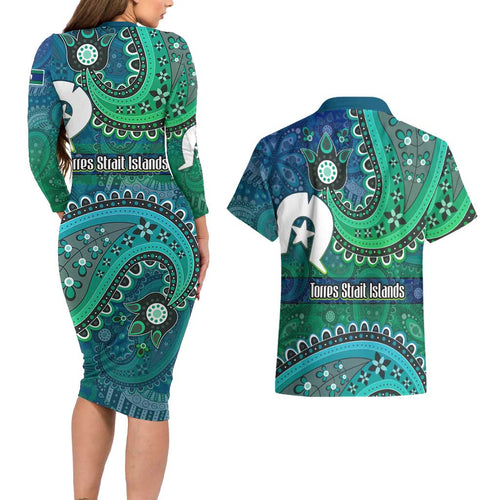Torres Strait Islands Couples Matching Long Sleeve Bodycon Dress and Hawaiian Shirt Dhari Emblem Vibrant Teal Indigenous