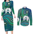 Torres Strait Islands Couples Matching Long Sleeve Bodycon Dress and Long Sleeve Button Shirt Dhari Emblem Vibrant Teal Indigenous