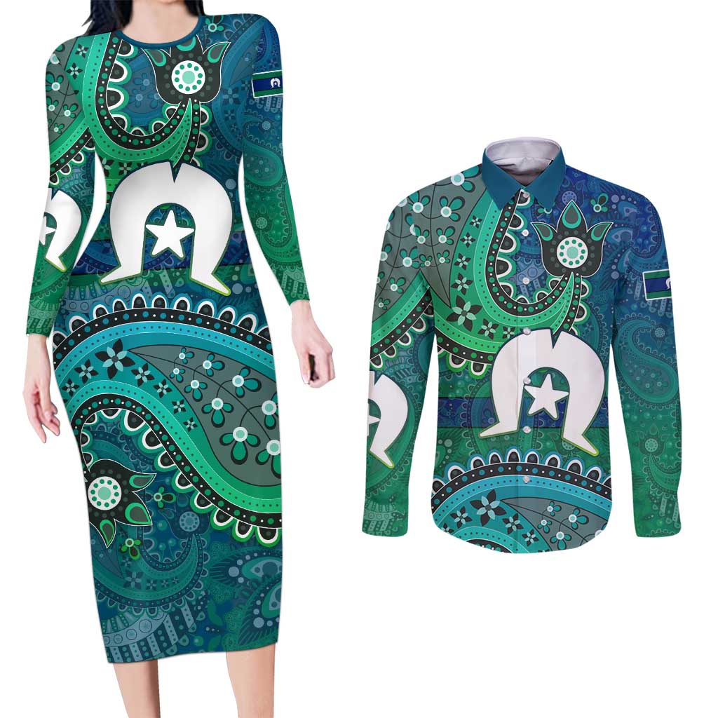 Torres Strait Islands Couples Matching Long Sleeve Bodycon Dress and Long Sleeve Button Shirt Dhari Emblem Vibrant Teal Indigenous