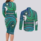 Torres Strait Islands Couples Matching Long Sleeve Bodycon Dress and Long Sleeve Button Shirt Dhari Emblem Vibrant Teal Indigenous
